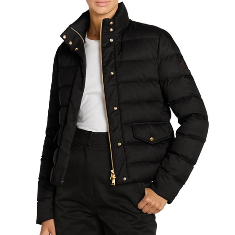 Moncler Black Puffer Jacket with Gold Accents Leather Logo